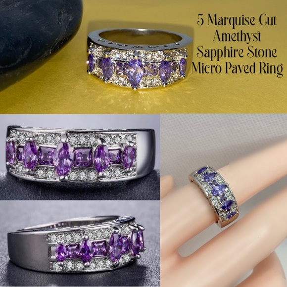 5 Marquise Stone Amethyst Sapphire 925 Silver Ring - Picture 4 of 4